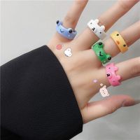 Pastoral ins Style Macaron Color Cute Resin Little Frog Chick Wave Dot Flower Rings For Teens Fashion Accessories