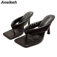 Aneikeh NEW 2021 Slippers Women Mules Summer Head Peep Toe Thin Pleated High Heel 35-42 Fashion Slip On Punk Ladies Party Shoes