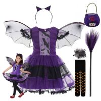 Child Girl Cute Witch Dress Bat Vampire Halloween Costume Kids Purple Witch Cosplay Costume Tutu Skirt Set for Fancy Party