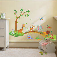 3D Cartoon Jungle wild animal tree bridge lion Giraffe elephant birds flowers wall stickers for kids room living room home decor