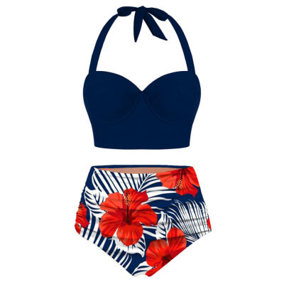 Plus Size Bikini Set Women Floral Print High Waist Crop Tops+Shorts Two Piece Swimwear Halter Tankini