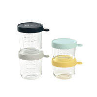 BEABA ชุดกระปุกแก้ว ฝาปิดสูญญากาศ 4 ชิ้น Set of 4 Superior Glass Container (150ml yellow / 150ml light blue / 250ml dark blue / 250ml light mist)