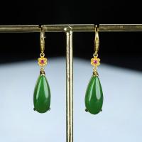 925 Sterling Silver Green Jade Water Drop Earrings Women Fine Jewelry Genuine Hetian Jades Golden Flower Teardrop Beads Earring