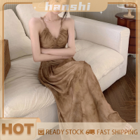 hanshi [2023 new HOT FASHION] lazlook เดรสวินเทจเปิดหลังจีบยาวเดรสหรูหราคอวีพิมพ์ลายฤดูร้อน