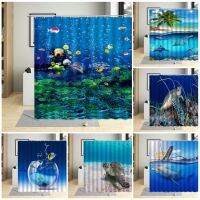 Kids Underwater World Shower Curtains Sea Turtle Fish Palm Tree Ocean Scenery Decor Fabric Child Curtain Waterproof With Hooks