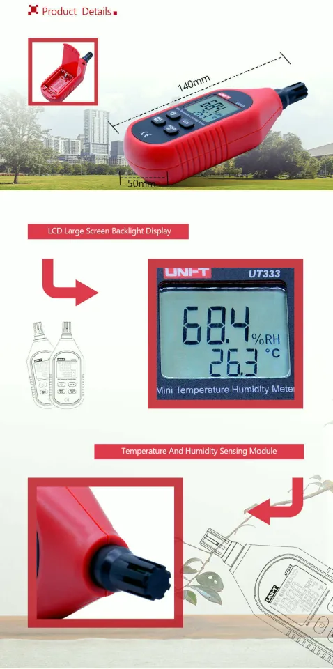 UNI-T UT333S Digital Temperature Humidity Meter Hygometer LCD Data Hold backligh