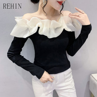 REHIN Women S Top Slim Fit Strapless Ruffle One Shoulder Long Sleeve Shirt Splicing Solid Color Trend Blouse