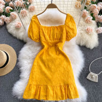 scheming collarbone square collar french puff sleeves age-reducing slim short ruffle skirt womens summer holiday dress