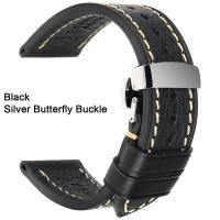MAIKES Business Calfskin Leather Watchbands Black Women Men Genuine Leather Stainless Steel Butterfly Buckle Watch Strap