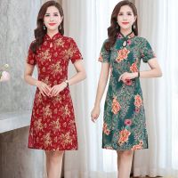 ◇ 2022 new mother cheongsam floral dress middle-aged and old women summer wear short-sleeved show thin package hip skirt restoring ancient ways