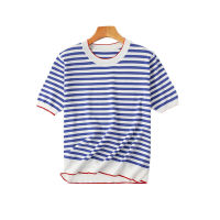 Wixra Women Knitted O-Neck Striped Print Short Sleeve Basic Summer Casual T-Shirt  New Fashion Pullover Top