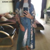 2019 Bohemian V neck Pea Flower Print Long Kimono Robe Shirt Ethnic Lacing up Sashes Long Cardigan Loose Blouse Tops femme