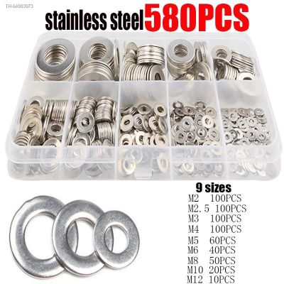 ☁ 580pcs M2 M2.5 M3 M4 M5 M6 M8 M10 M12 304 Stainless Steel Flat Washer Metal Gasket Plain for General Repair Seal O Ring Set