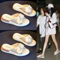 2022 new bow thick bottom cool slippers female summer wears outside a word procrastinates peep-toe ladies slippers shoes