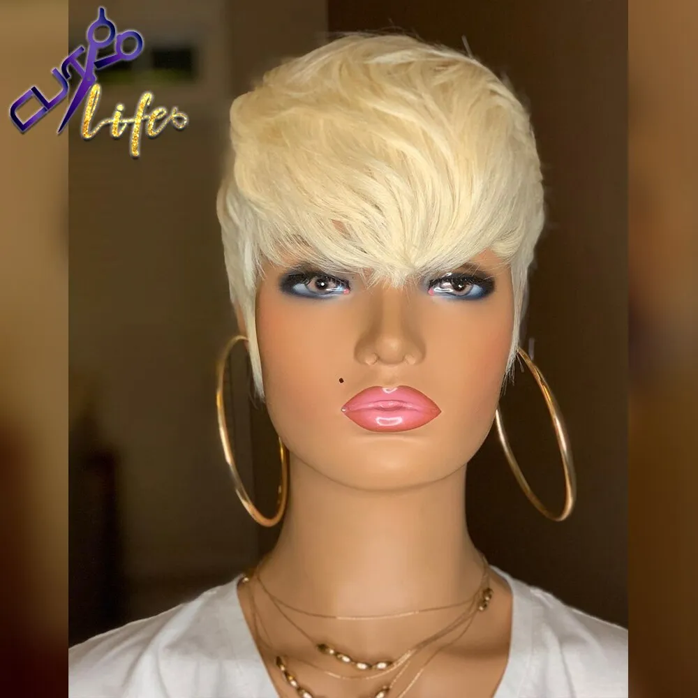 613 Honey Blonde Color Wig Short Wavy Bob Pixie Cut Full Machine Made Non  Lace Human Hair Wigs With Bangs For Black Women Remy | Lazada Ph