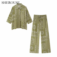 SHEROUSE ชุดเสื้อและกางเกง2ชิ้นสำหรับผู้หญิงสุดชิคชุดเสื้อเบลาส์และกางเกงขายาวพิมพ์ลายแฟชั่นสำหรับผู้หญิง