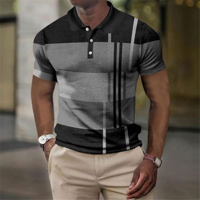 เสื้อโปโลสำหรับผู้ชายชุดทางการของบุรุษลำลองแฟชั่นเสื้อโปโลมีกระดุมปกเสื้อ3D ลายทางแขนสั้นทุกวันสำหรับฤดูร้อน