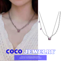 COCOJEWELRY Ins สไตล์การออกแบบสองชั้นอารมณ์สีชมพูสร้อยคอเพชรหญิงประณีตคริสตัลเย็นลมโซ่ไหปลาร้า