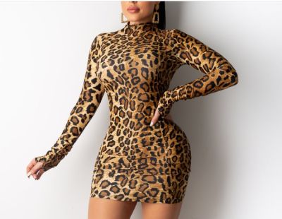 Long sleeve turtleneck leopard print sexy mini tight dress 2021 Autumn Winter women fashion clothes S-XXL