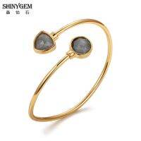 Shinygem กำไลข้อมือสตรีแบบเปิดชุบเคลือบสีธรรมชาติรูปหัวใจ/กลม/สามเหลี่ยมกำไลข้อมือหินอัญมณี