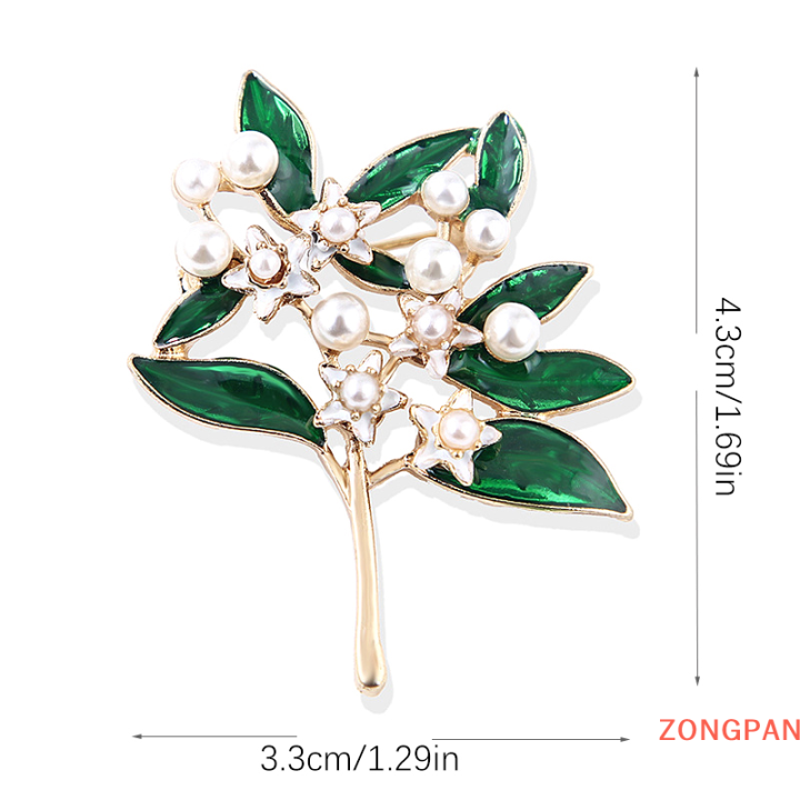 zongpan-เข็มกลัดแฟชั่นเคลือบสีขาวลายดอกไม้สีเขียวใบไข่มุกเข็มกลัดที่มีคุณภาพสูงเครื่องประดับเสื้อยกทรงแบบสร้างสรรค์สำหรับผู้หญิงผ้าพันคอหัวเข็มขัด