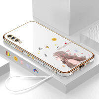 เคสมือถือปลอกสำหรับ Samsung กาแล็คซี่ A50 /A50S /A30S มีฟรีสายคล้อง + การ์ตูนผีเสื้อสาวขอบสี่เหลี่ยมปลอกชุบฝาหลังนิ่ม