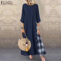 ✲∈ ZANZEA Women 3/4 Sleeve Casual Patchwork Plus Size Maxi Dress