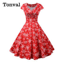 Tonval Snowflake Print Red V Neck Wrap High Waist Vintage Robe Women Christmas Gift Cap Sleeve Elegant Party Dress Plus Size