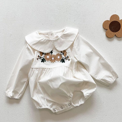 Childrens Clothing Korean Style Baby Girl Bodysuits Floral Embroidery Infant Baby Girls Cotton Long Sleeve Jumpsuit