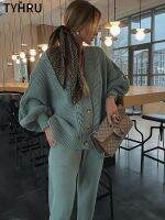 【DT】hot！ TYHRU Knitting 2-pieces sweater Hemp V-neck Single-Breasted cardigan   Pants lady winter Set