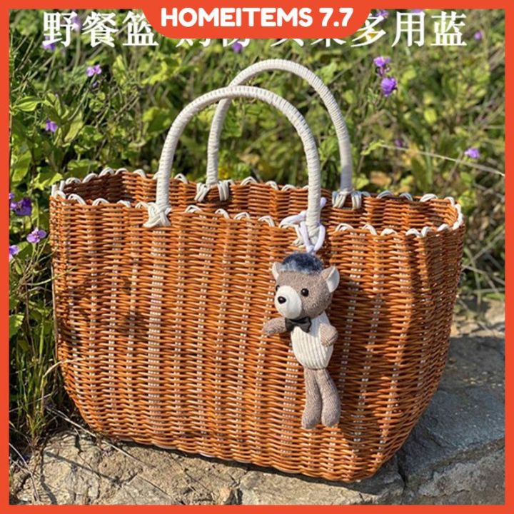 bakul-rotan-bakul-bunga-rotan-hang-basket-straw-picnic-basket-shopping-basket-portable-basket-handmade-wicker-basket-with-handle-straw-storage-camping-storage-basket-picnic-supplies