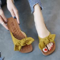 [Limited Time Buy] Soft bottom one-word sandals and slippers womens beach flat bottom Korean version of beef tendon summer fashion bows and all-match seaside slippers