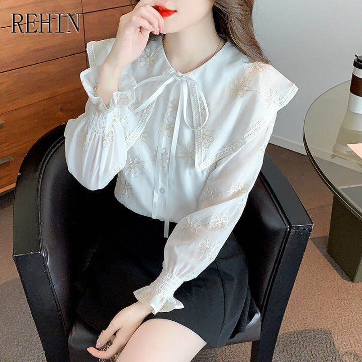 rehin-ผู้หญิงฤดูใบไม้ร่วงใหม่ฝรั่งเศสแฟชั่นปักตุ๊กตาคอยาวแขนเสื้อ-flared-แขน-ruched-cuffs-เสื้อ-elegant