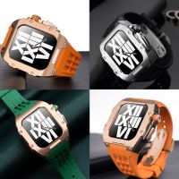 Titanium Alloy Case For Apple Watch Band 45mm 44mm Luxury Mod Kit Fluoro Rubber Strap For iWatch 8 7 SE 6 5 4 Modification Kit