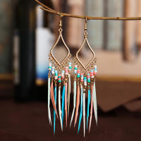 Daisy Jewelry Colorful Rice Beads Tassel Feather Earrings Female Bohemian Court Style Earrings European and American Jewelry