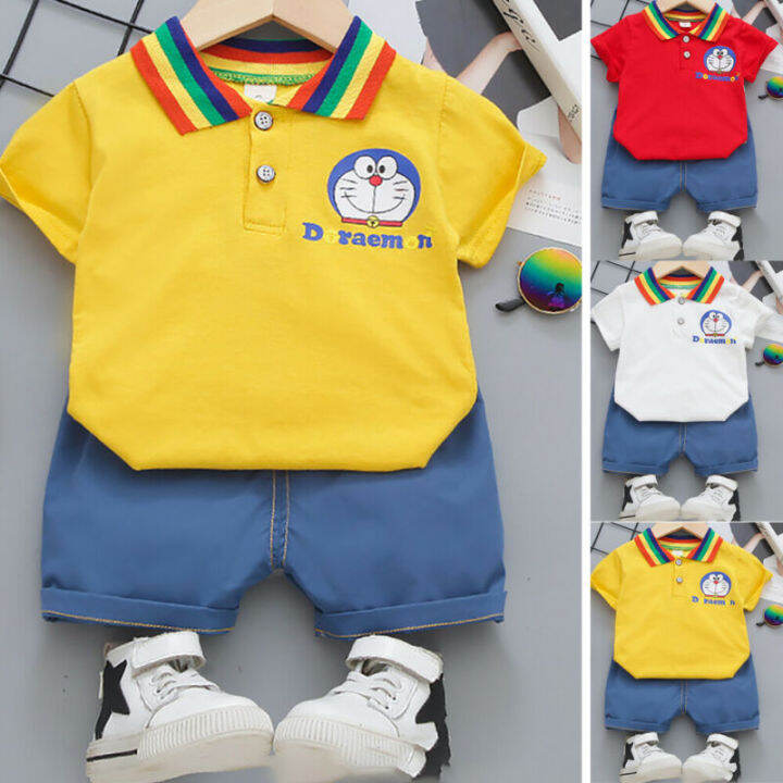 redcloudเด็ก-กางเกงขาสั้นเสื้อยืดเด็ก2ชิ้น-เซ็ตปกแขนสั้น