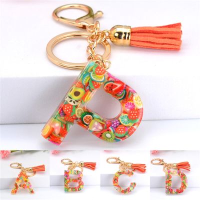 Fruit Piece English Letter Key Chain Crystal Drip Resin Pendant Accessories Simple Tassel Alphabet Keyring Fashion Lady Bag Gift Key Chains