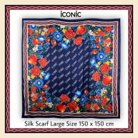 iCONiC LOGO + FLORALS FRAME SILK SCARF SIZE L #6682 ผ้าคลุมไหล่ ขนาด150x150cm ผ้าไหมซาติน พิมพ์ลาย ดอกไ้ม้ หรูหรา ผ้าพันคอ ผ้าไหม ผ้าพันคอผญ