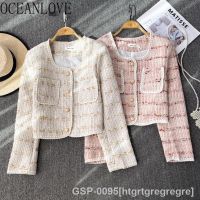 Htgrtgregre OCEANLOVE Tweed แจ็กเก็ตสำหรับผู้หญิงสีคมชัด MODE Korea สั้น Jaqueta Feminina Chaquetas Para Mujeres