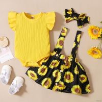 COD DSFERTEREERRE 3Pcs/Set Romper Strap Skirts Headband Costume Baby Girl Floral Print Clothing Newborn Flare Sleeve Jumpsuits for 0-18 Months