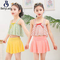 2pcs/set Girls Split Swimwear Suspender Sleeveless Vest Plaid Printing Culottes Short Pants For 4-7 Years Old Kids【fast】