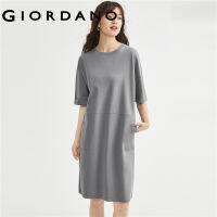 GIORDANO Women Dresses Big Pockets Solid Color Simple Terry Dresses Short Sleeve Crewneck Cotton Summer Casual Dresses 05463476