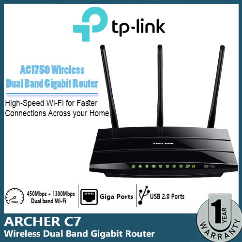 ARCHER C7 AC1750 Wireless Dual Band Gigabit Router Simultaneous 2.4GHz 450  Mbps and 5GHz 1300 Mbps connections for 1.75Gbps of total available  bandwidth.