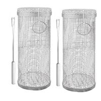 2Piece BBQ Net Tube Rolling Grilling Basket Stainless Steel Wire Mesh BBQ Cylinder Silver