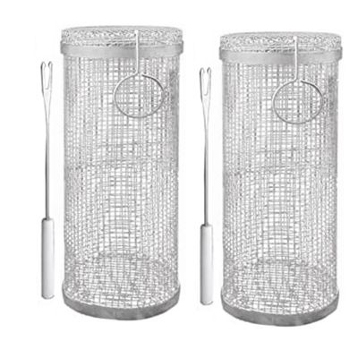 2PCS BBQ Net Tube Rolling Grilling Basket Stainless Steel Wire Mesh BBQ Cylinder Greatest Grilling Basket Ever Silver