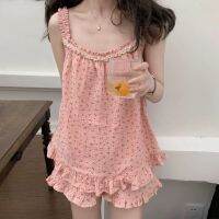 【JH】Women Spaghetti Strap Pajama Sets Cherry Printed Shorts Ruffles Sweet Girls Candy Color Sleepwear Cozy Casual Lounge Hipster Hot