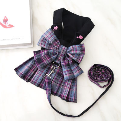 Pet Dog Leash Harnass Set Puppy Kitten Cute College Style Bowknot Plaid Skirt Pet Clothes Chest Strap for Cats Dogs Accessories