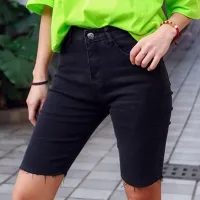 Streetwear Biker Jean Shorts Women Slim Knee Length Black Shorts New 2021 Summer Woman Elastic High Waist Shorts Bottoms