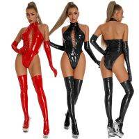 hot【DT】 Up Bodysuit Leather Mock Neck Catsuit for Pole Dancing Fishnet