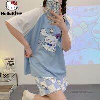 Sanrio Cinnamoroll เสื้อยืดกางเกงขาสั้น2ชิ้นชุดนอน Y2k เสื้อผ้าหน้าร้อนผู้หญิงชุดนอน MODE Korea ชุดที่เข้ากันชุดเดรสเนื้อนุ่ม